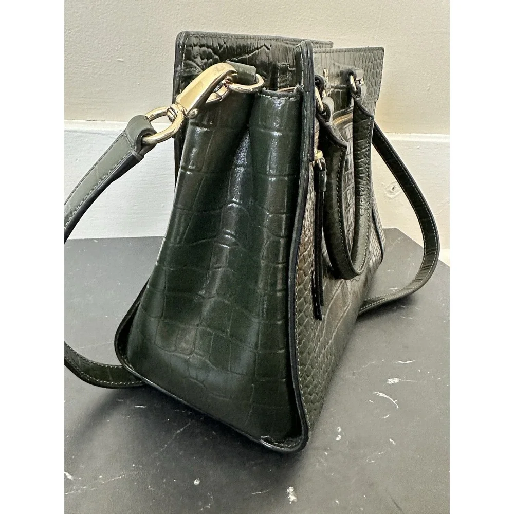 Kate‎ Spade NY Crocodile Embossed Leather Shoulder Satchel Handbag Dark Green